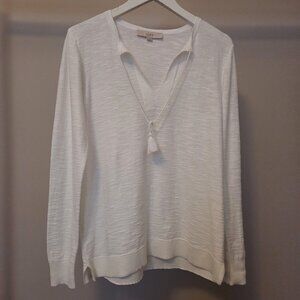 LOFT Ivory White Tasseled Tie Neck Lightweight Slub Knit Sweater